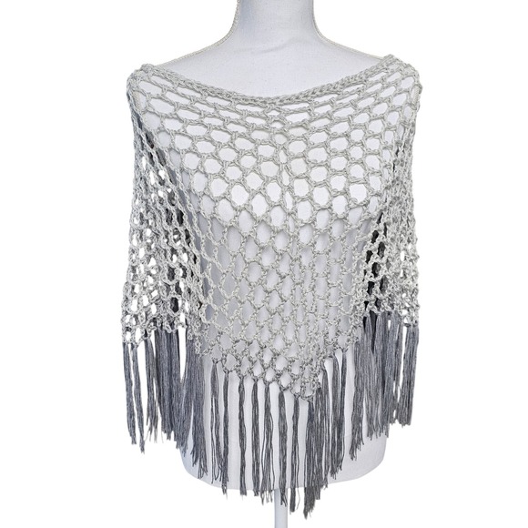 Handmade Tops - Handmade Crochet Shawl Women Gray Ombre Fringe Cotton Boho Poncho